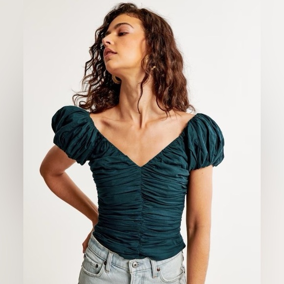 Abercrombie & Fitch Teal Drama Puff Sleeve Top - Picture 6 of 6